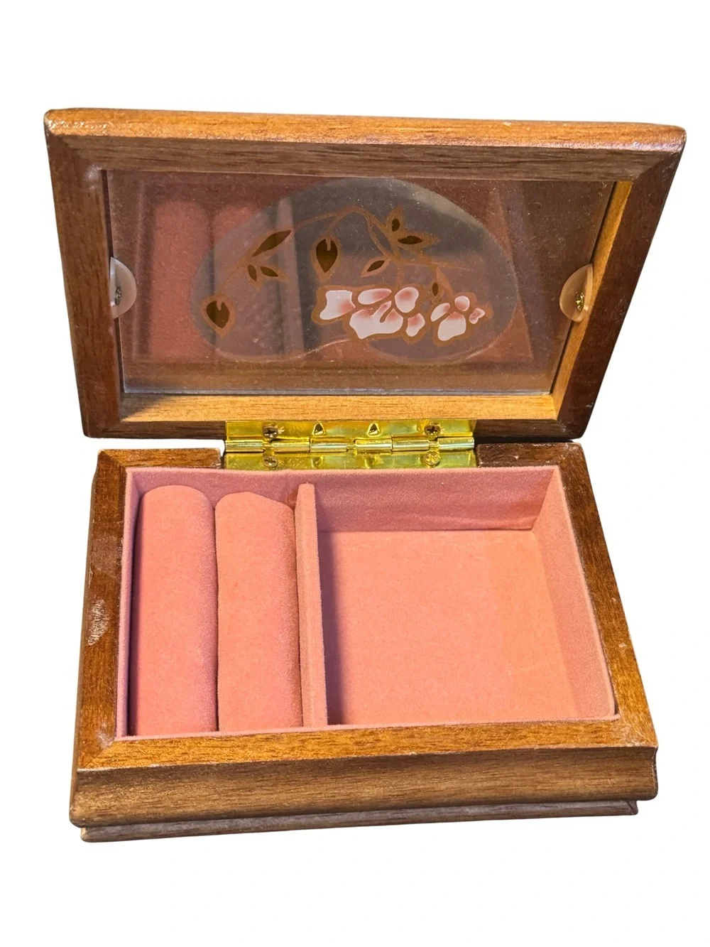 Vtg 90’s Wooden Jewelry Box with Pink Velvet Interior & Heart Glass Embossed Lid